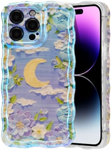 EYZUTAK Case for iPhone 13 Pro Max, Colorful Retro Oil Painting Flower Moon Pattern Laser Cute Curly Wave Edge Exquisite Phone Cover Stylish Durable TPU Protective Case for Girls Women - Purple White