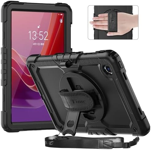 timecity for Lenovo Tab M11 Case 11 Inch (TB330FU/TB330XU), Lenovo m11 Tablet case with Screen Protector / 360 Rotating Hand Strap/Stand, 3-Layer Protective- Black