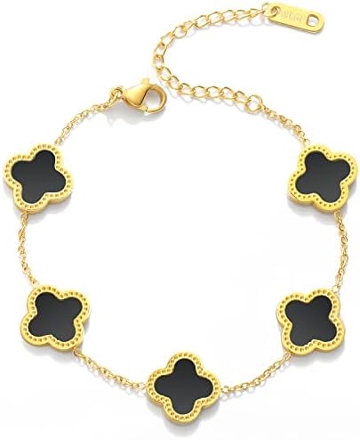 WSupikio Link Bracelets for Women Girls Trendy Bracelet Cute Plated 18K Gold Lucky Adjustable Clover Link Bracelets Mother's Day Christmas Gift Jewelry (Black)