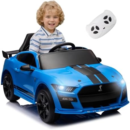 OKYBABY 12V Licensed Ford Mustang GT500 Ride on Car Toys, Electric Car for Kids W/Remote Control, Electric Vehicle with Bluetooth, Radio, Music, USB Port, LED Lights, Blue