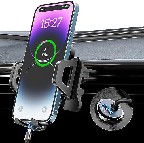 3 in 1 Car Phone Holder Charger Mount, 60W USB C Car Mount Charger Fast Charging for iPhone 14/13/12 + 4FT Type C Cable, Car Accessories, Air Vent Fast Charge Cell Phone Stand Car Mount for iPhone