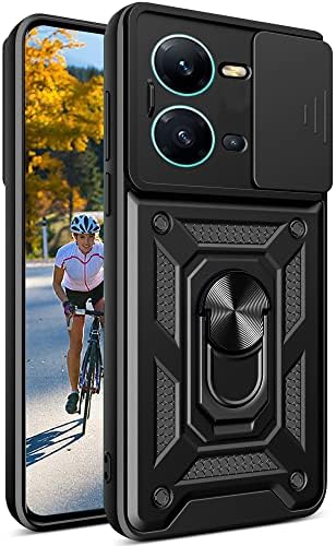 Ysnzaq Military Grade Heavy Duty Shockproof Case for Vivo V25 5G 6.44", Sliding Window Lens Protective with Swivel Stand Phone Cover for Vivo V25 5G SJ Black