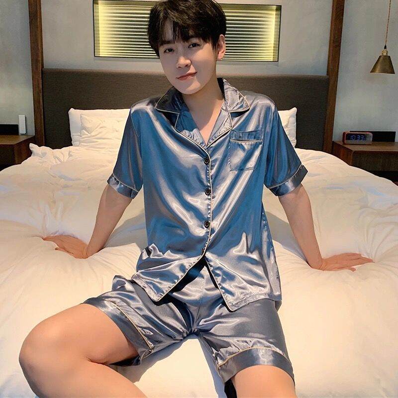 Good Quality Ice Silk Men's Pajamas Spring Summer Short Sleeve and Shorts Thin Pyjamas Youth Solid Color Home Wear Plus Size Set