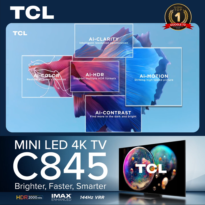 TCL C845 Mini LED Google TV 55 65 75 inch | HDR 10+ | 144 Hz VRR | IMAX Enhanced | Dolby Vision IQ | Dolby Atmos | Onkyo | MEMC