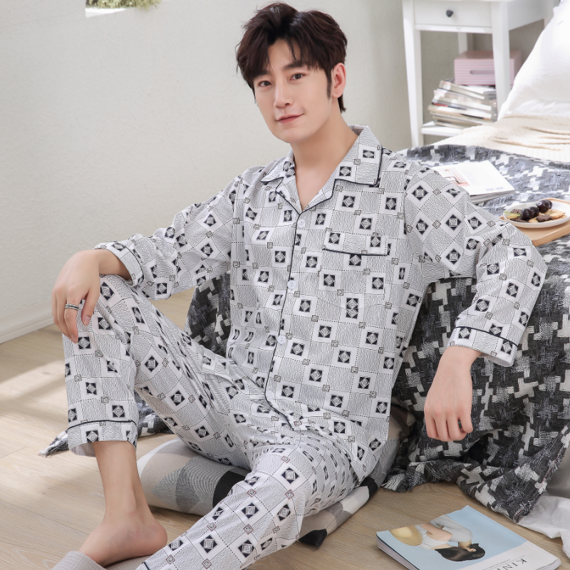 Pajamas Men's Spring and Autumn Middle-Aged and Elderly Cotton Long-Sleeved Men's plus Size Middle-Aged Dad Suit Home Wear Thin Summer