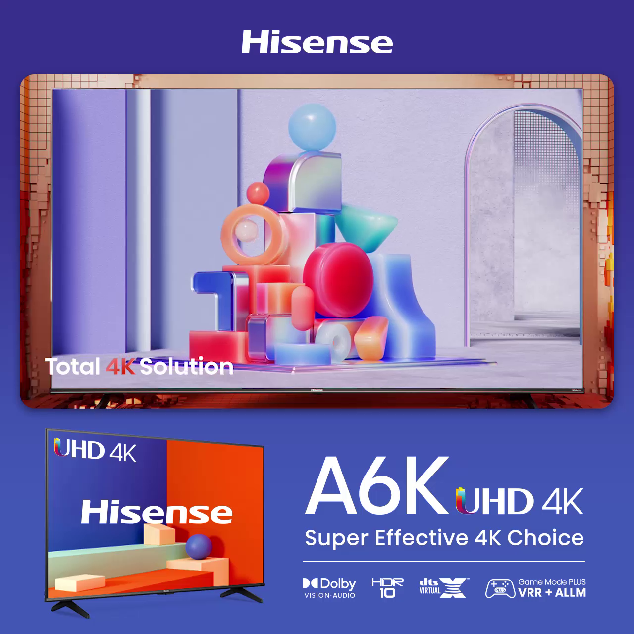 Hisense A6K Smart TV 55 inch | UHD | Direct Full Array | AI Adaptive Depth | Dolby Vision | Dolby Audio | VRR + ALLM | Pixel Tuning | AI Picture Optimisation | MEMC | 120 Smooth Motion | Precision Col
