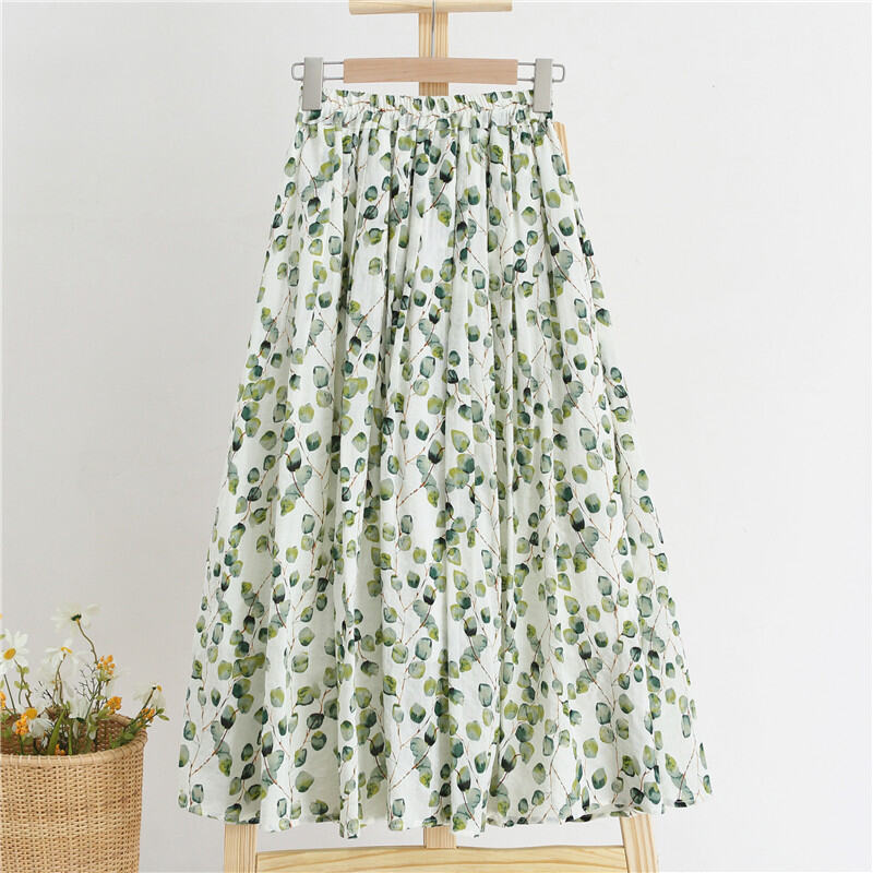 Small Floral Loose Mid Length Long Length Cotton and Linen Pleated Skirt