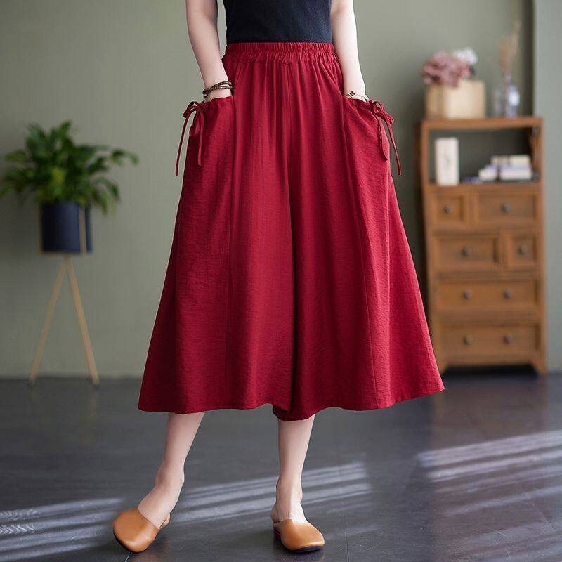 M-6XL Fashion Vintage Cotton Loose Pants Elastic Waist Comfortable Solid Color Cropped Pants Wide Leg Casual Pants for Women