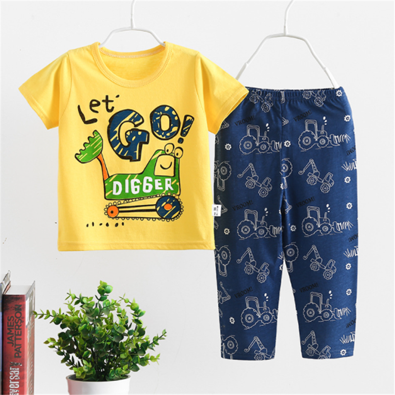 QINN Kids Boys Girls 100% Cotton Summer Short Sleeves Pyjamas Sets Vehicles Car Print T-shirts and Long Pants Trousers Clothing Sets For 0-10 Years Boy Children Air-conditional Room Wear