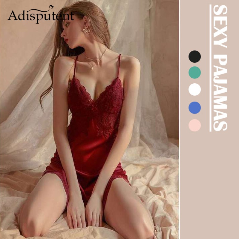 Adisputent Women Sexy Nightdress Plain Camisole Loungewear Sleepwear Home Wear Lace Pajamas 2023 New Style Silk Sexy Lingerie For Spring Summer