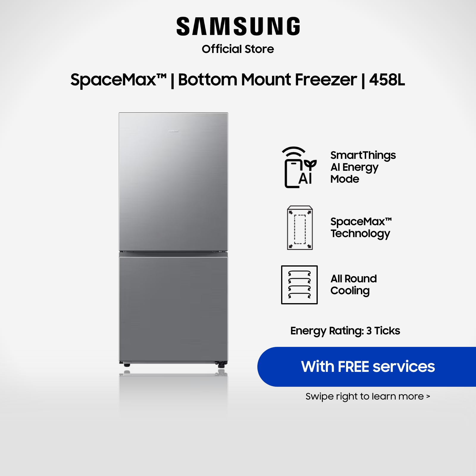 Samsung RB45DG600ES9SS Bottom Mount Freezer Refrigerator, 458L, 3 Ticks