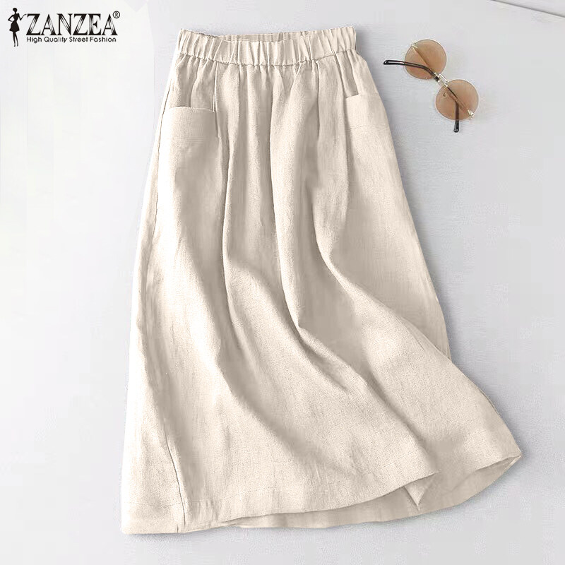 ZANZEA Women Oversized Casual Mid Skirts A Line Cotton Line Ladies Elastic Waist Dress #2