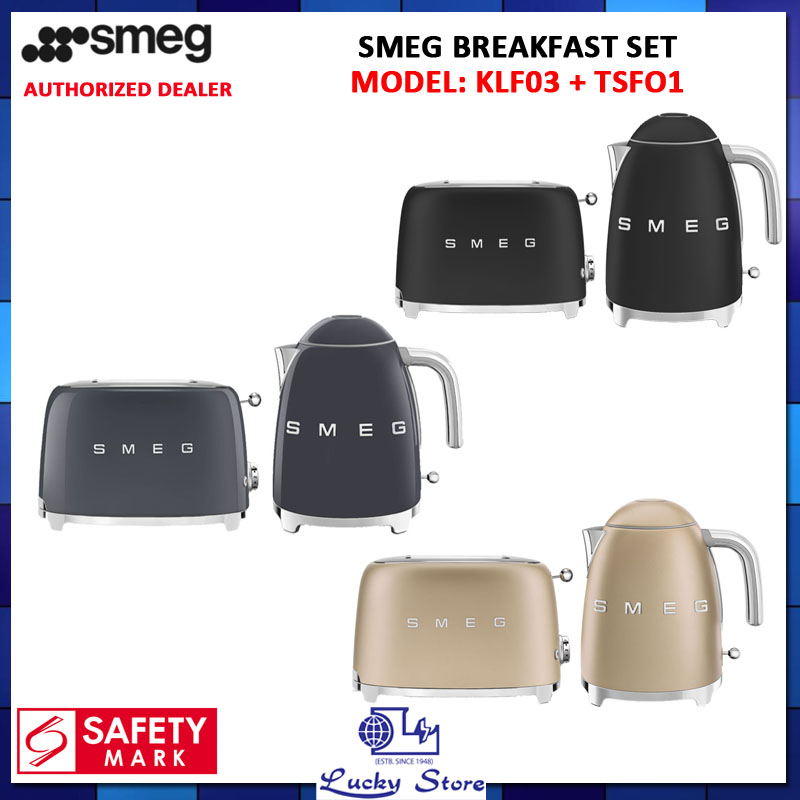 SMEG RETRO STYLE KETTLE 1.7L KLF03 + 2 SLICE TOASTER TSF01 BREAKFAST SET, 1 YEAR WARRANTY- SLATE GREY, BLACK MATTE, CHAMPAGNE MATTE