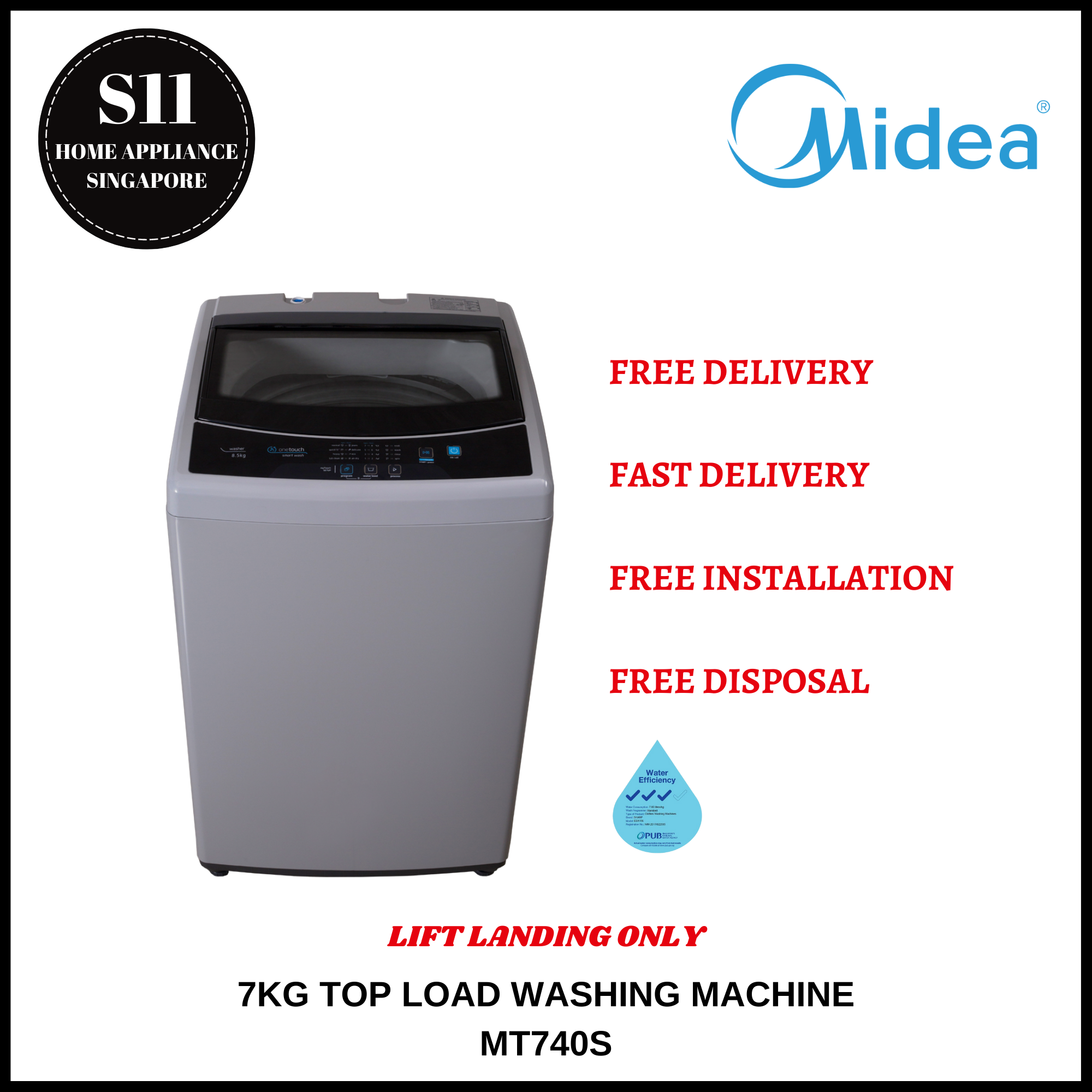 MIDEA MT740S 7KG TOP LOAD WASHING MACHINE MT740S - 2 YEARS WARRANTY