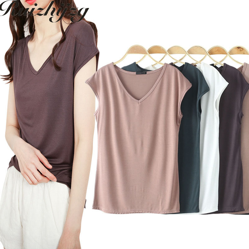Ruizhijzg Bamboo Fiber T shirts for Women Home Wear Summer Sleeveless Shirt V-neck Top Plain White Pink Modal Cotton Black Dark Blue Green Ladies Slim Tshirt Korean Style